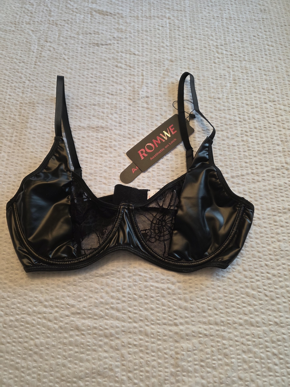ROMWE Black Satin-Look Underwire Bra with Spiderweb  Lace Insets L